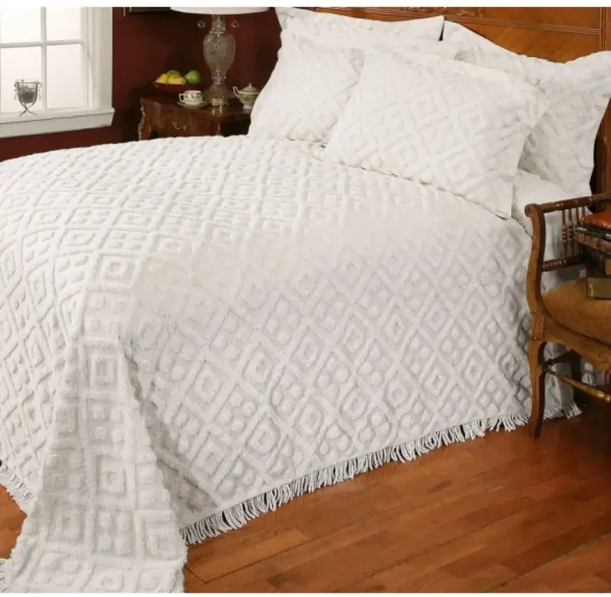 Hivvago Full size Beige Chenille Cotton Bedspread with Fringe Edges