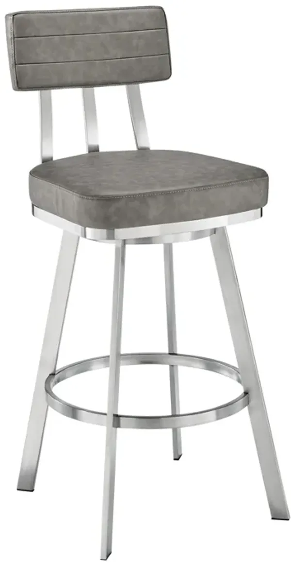 Poni 26 Inch Swivel Counter Stool Chair, Cushioned Seat, Gray Faux Leather - Benzara