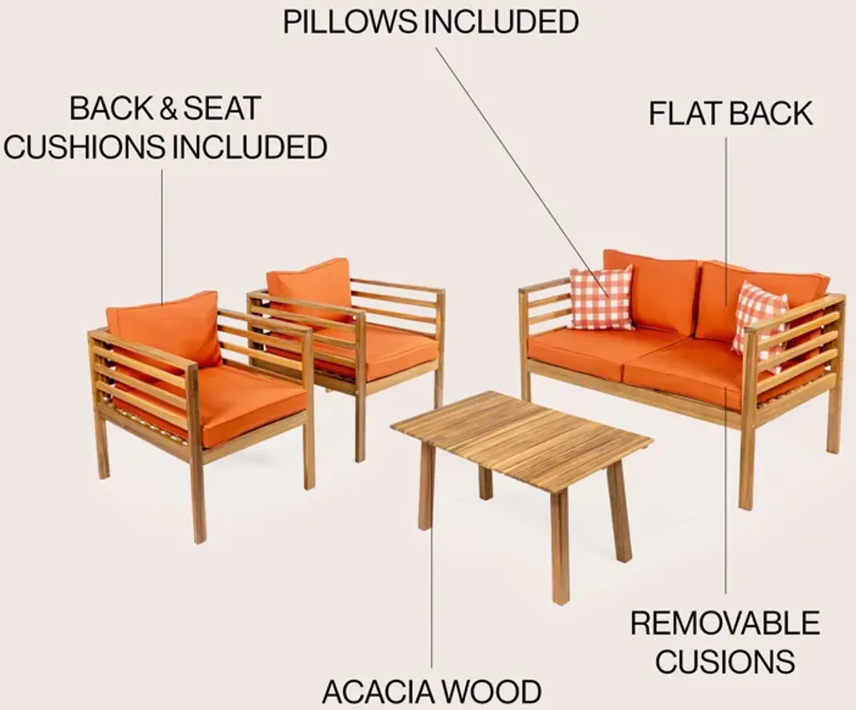 Thom 4-Piece Mid-Century Modern Acacia Wood Outdoor Patio Set with Cushions and Plaid Decorative Pillows