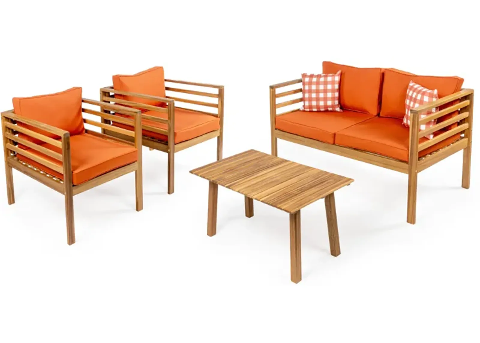 Thom 4-Piece Mid-Century Modern Acacia Wood Outdoor Patio Set with Cushions and Plaid Decorative Pillows