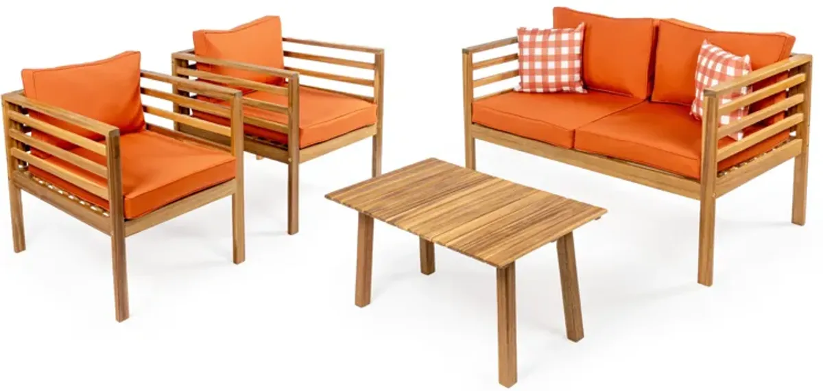 Thom 4-Piece Mid-Century Modern Acacia Wood Outdoor Patio Set with Cushions and Plaid Decorative Pillows