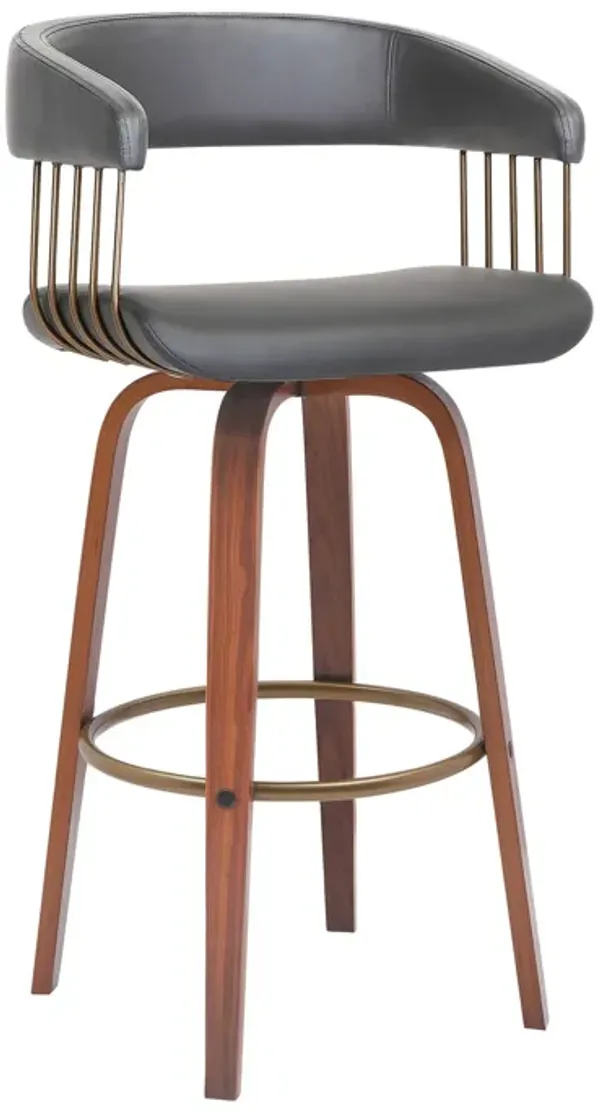 Maya 31 Inch Swivel Barstool Chair, Gray Faux Leather, Bronze, Walnut Brown - Benzara