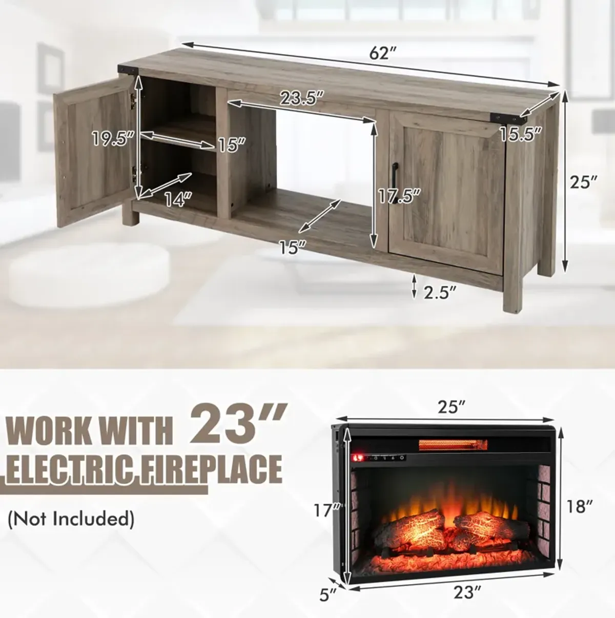 Electric Fireplace TV Stand with Storage Cabinets for TVs up to 70 Inch-Natural