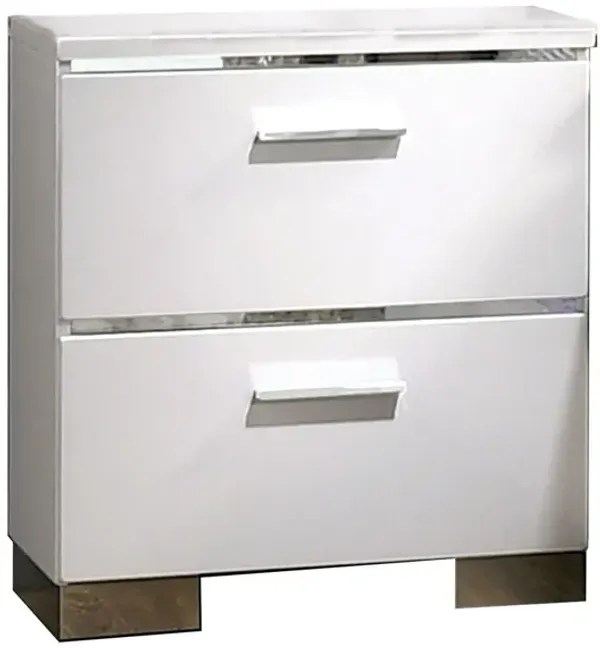 Wood and Metal Nightstand with 2 Drawers,  White and Silver-Benzara