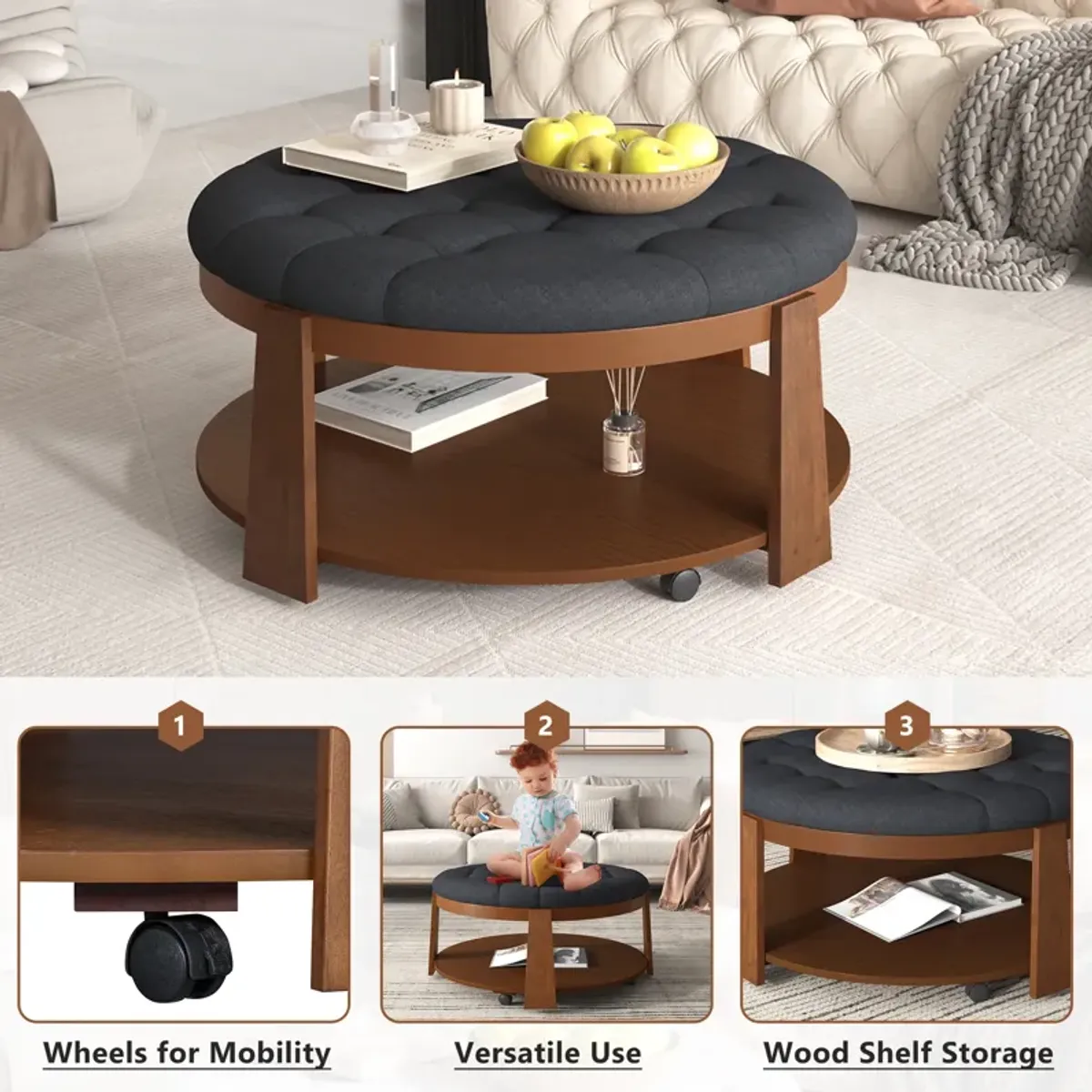 Merax 2-Tier Round Ottoman Coffee Table with Wheels