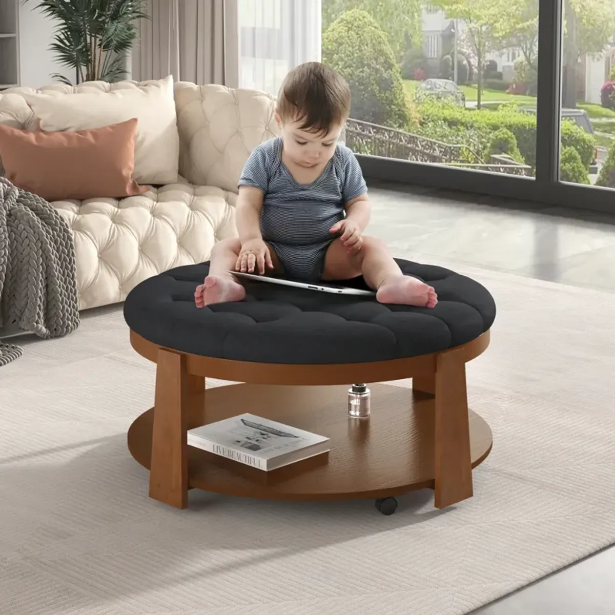 Merax 2-Tier Round Ottoman Coffee Table with Wheels