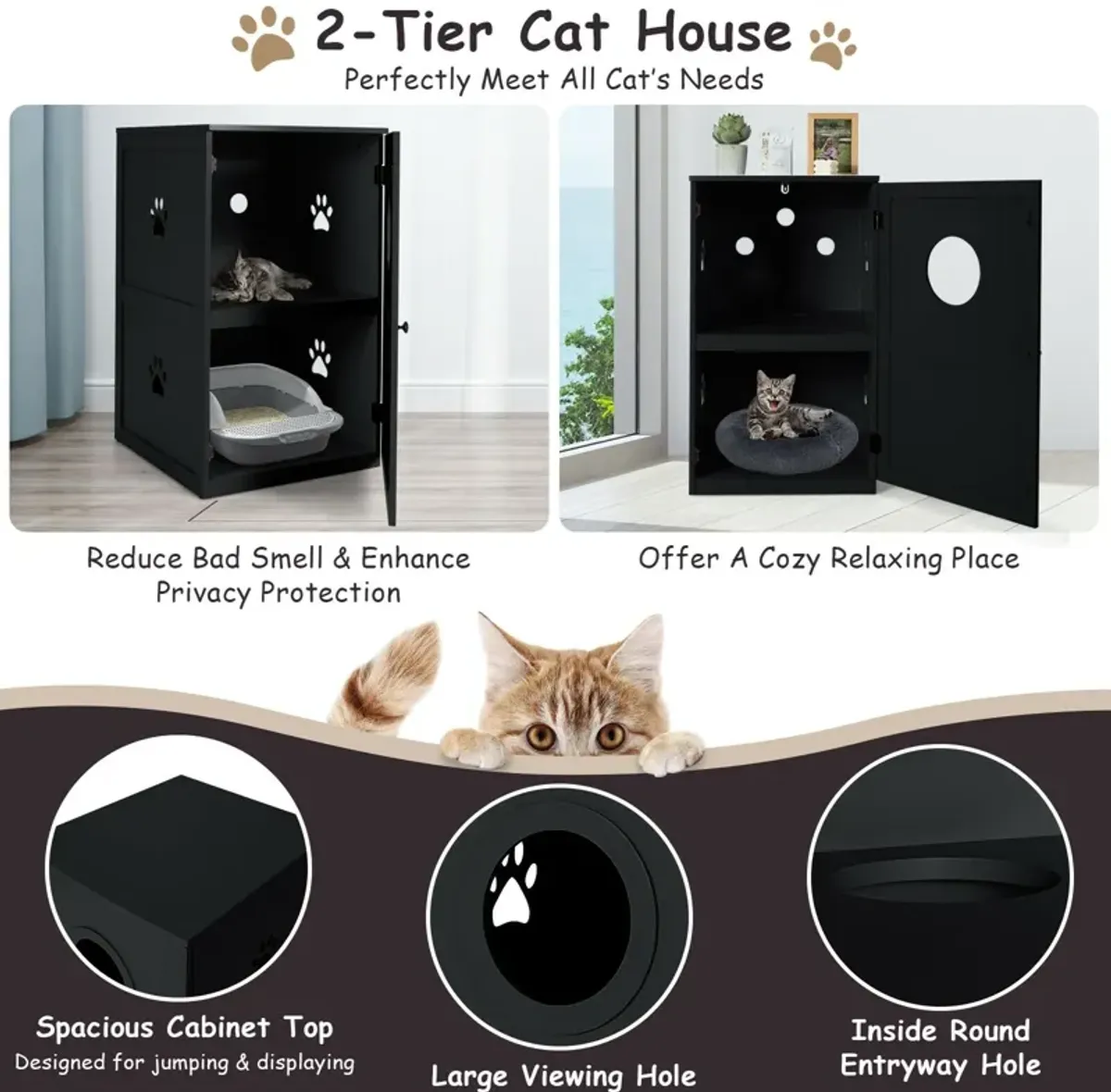 2-tier Litter Hidden Cat House With Anti-toppling Device