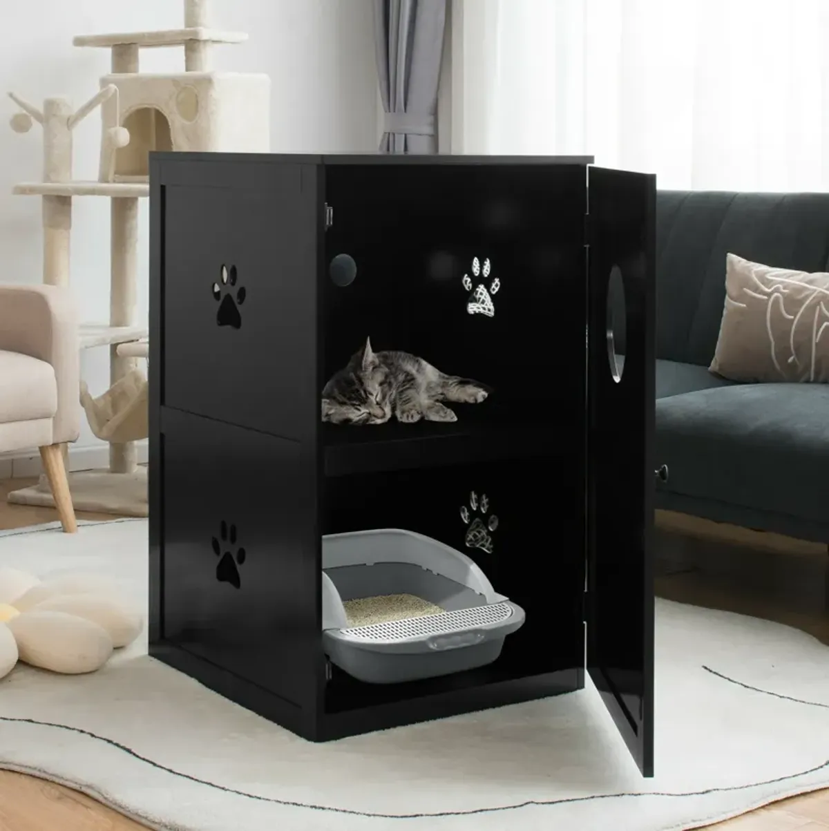 2-tier Litter Hidden Cat House With Anti-toppling Device