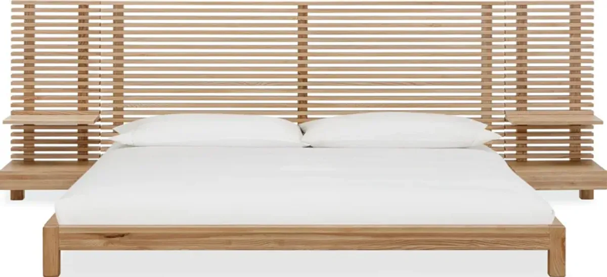 Tanner King-size Solid Ash Wall Bed with Integrated Nightstands in Flaxen