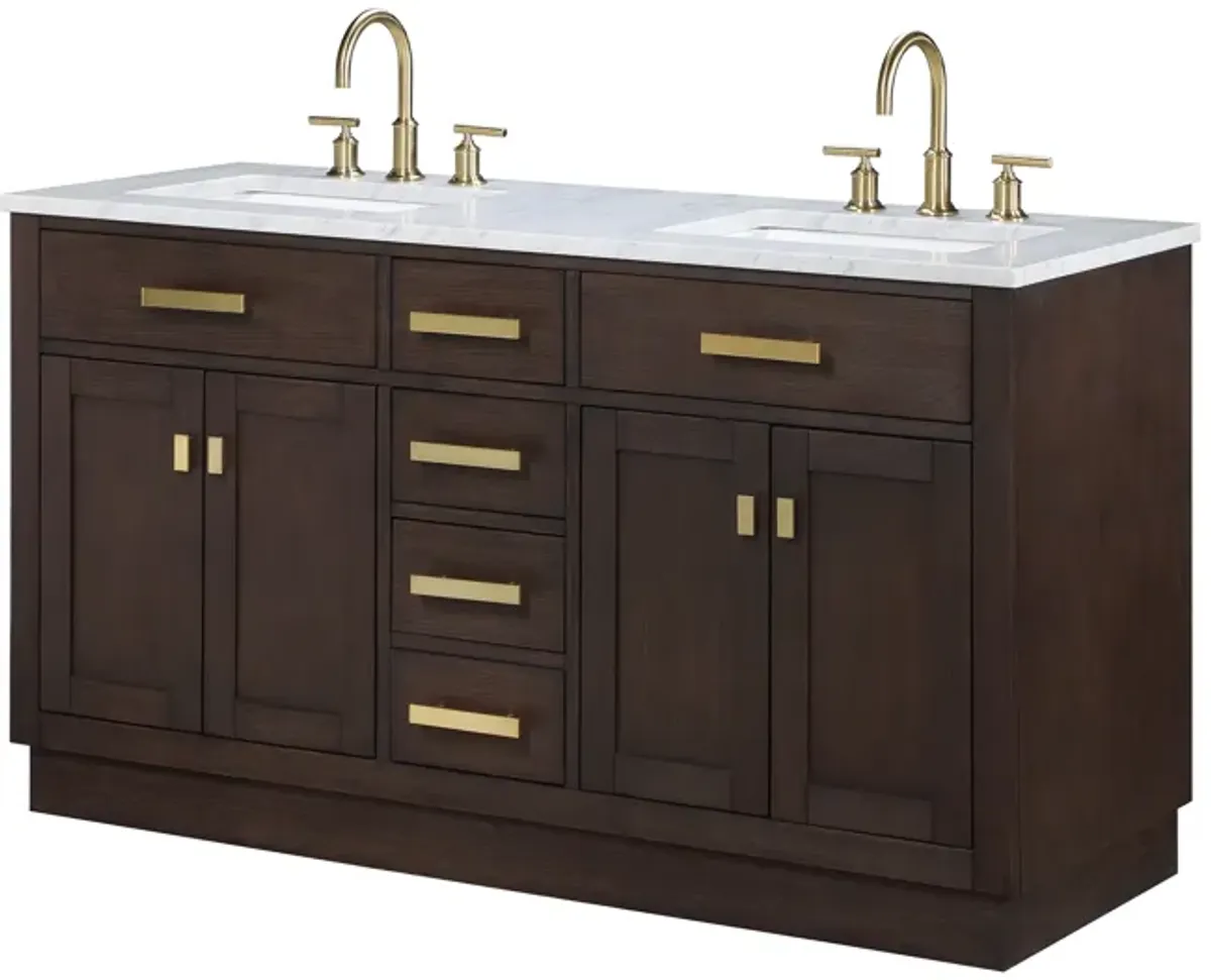 Chestnut 60 In. Double Sink Carrara White Marble Countertop Bath Vanity In Brown Oak with Satin Gold Hardware