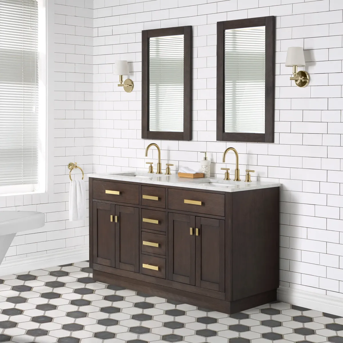 Chestnut 60 In. Double Sink Carrara White Marble Countertop Bath Vanity In Brown Oak with Satin Gold Hardware