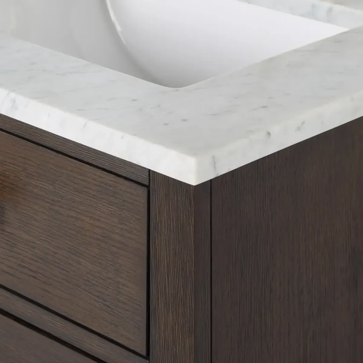 Chestnut 60 In. Double Sink Carrara White Marble Countertop Bath Vanity In Brown Oak with Satin Gold Hardware