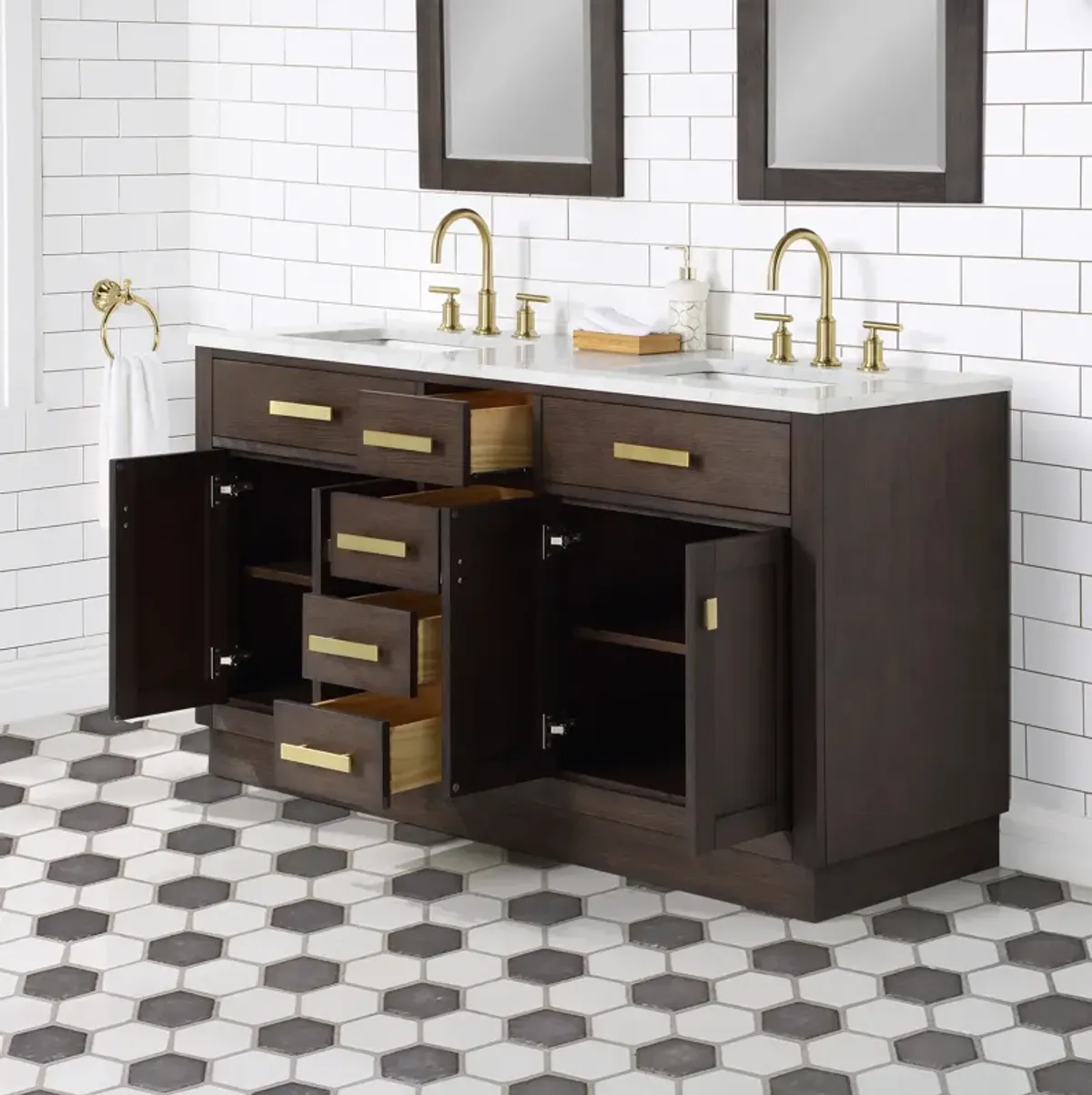 Chestnut 60 In. Double Sink Carrara White Marble Countertop Bath Vanity In Brown Oak with Satin Gold Hardware