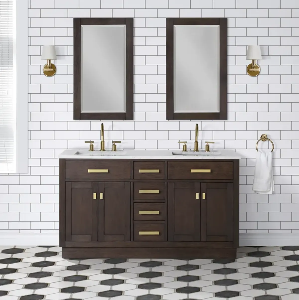 Chestnut 60 In. Double Sink Carrara White Marble Countertop Bath Vanity In Brown Oak with Satin Gold Hardware