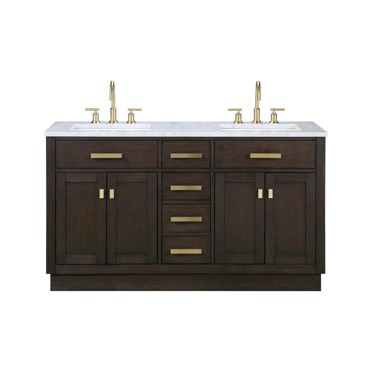 Chestnut 60 In. Double Sink Carrara White Marble Countertop Bath Vanity In Brown Oak with Satin Gold Hardware