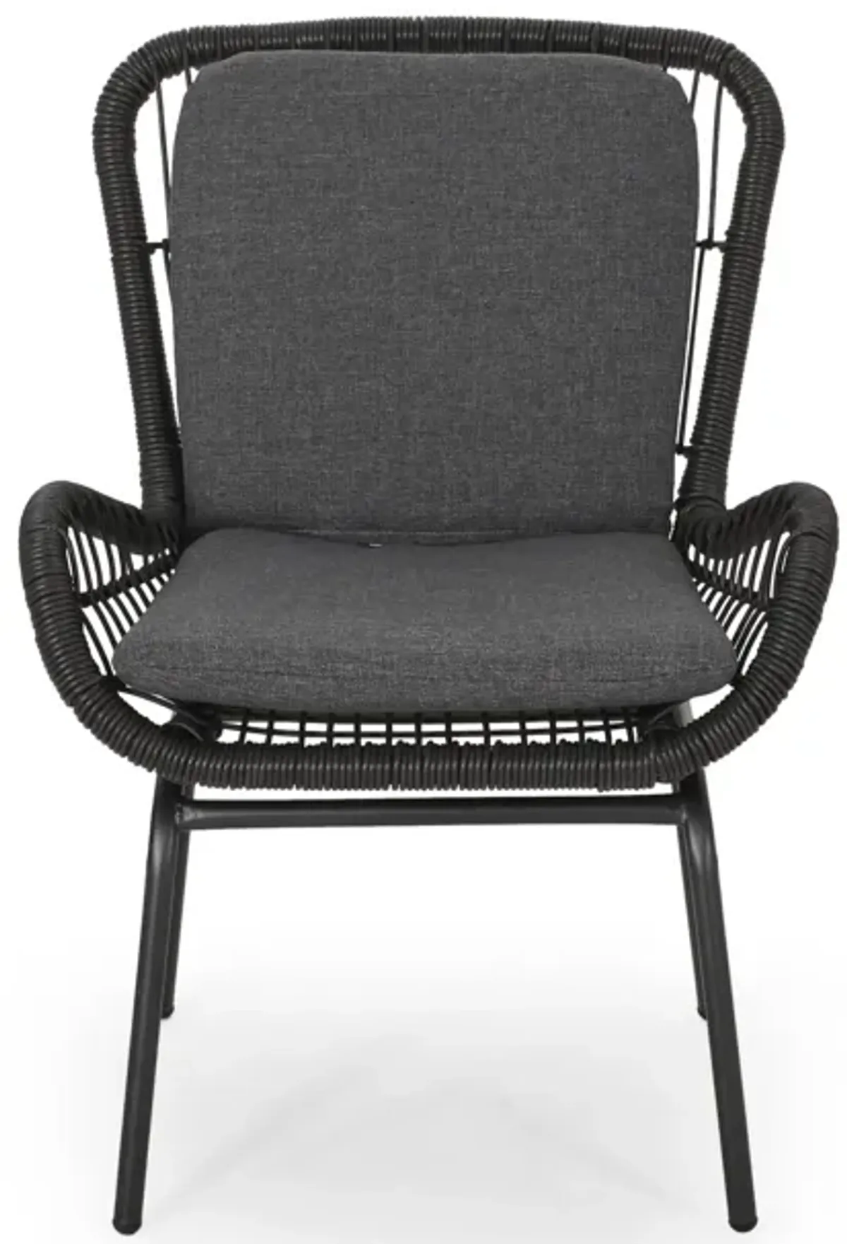 Patio Accent Chair Set of 2, Open Wicker, Round Edge, Black Iron, Gray -Benzara