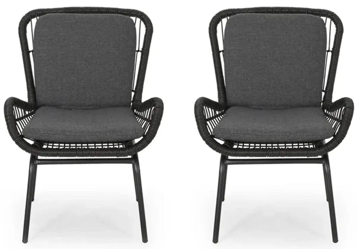 Patio Accent Chair Set of 2, Open Wicker, Round Edge, Black Iron, Gray -Benzara