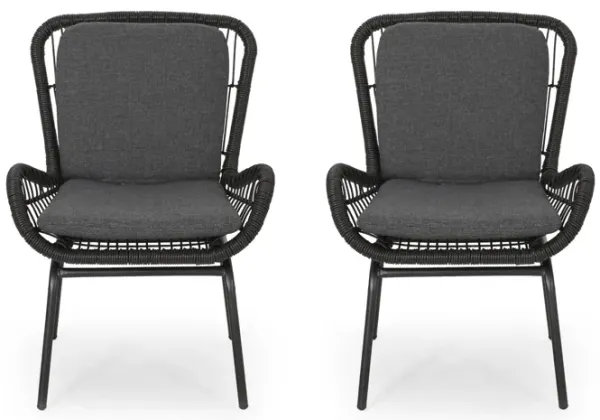 Patio Accent Chair Set of 2, Open Wicker, Round Edge, Black Iron, Gray - Benzara