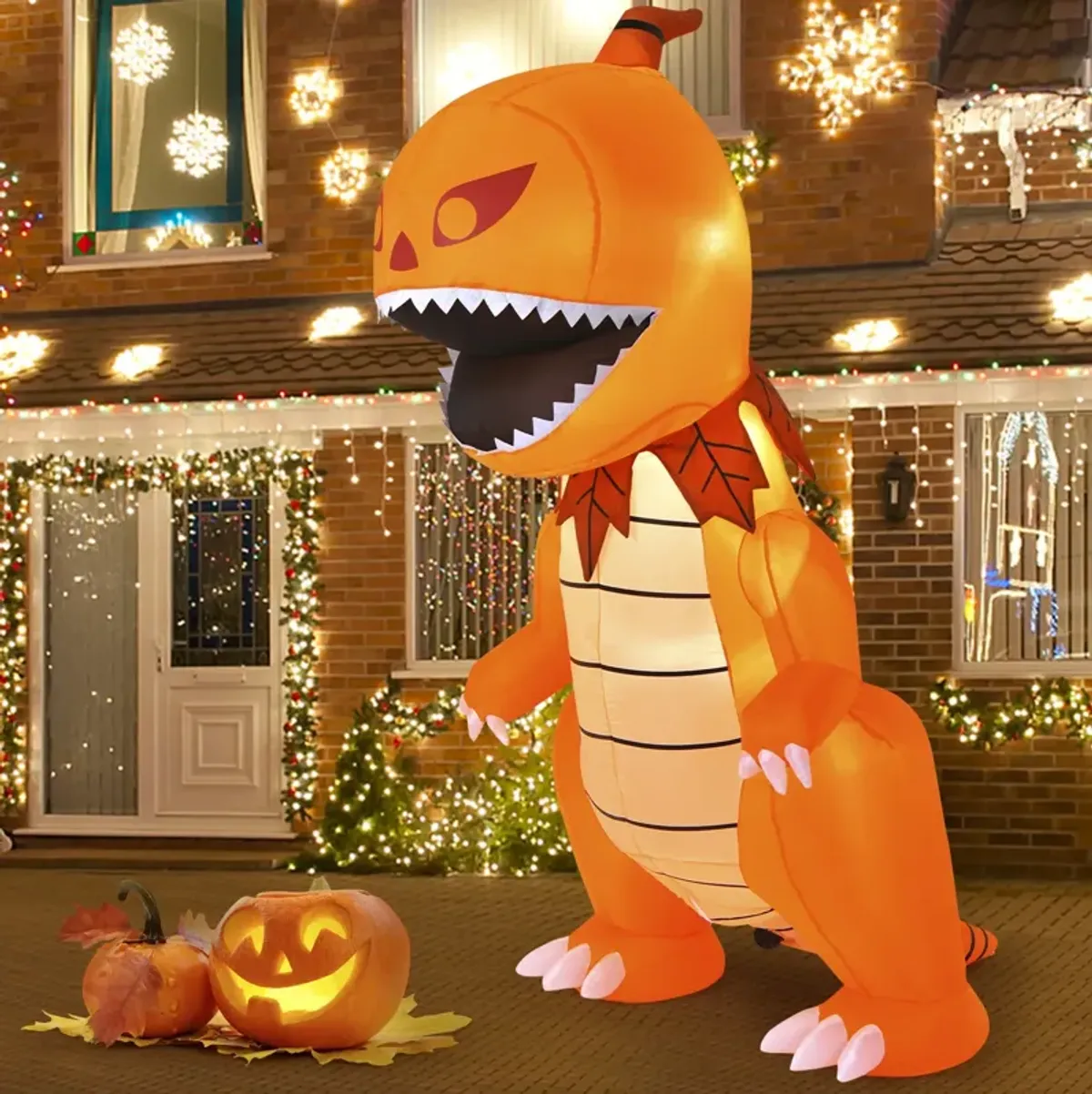 8 Feet Halloween Inflatable Pumpkin Head Dinosaur with LED Lights and 4 Stakes