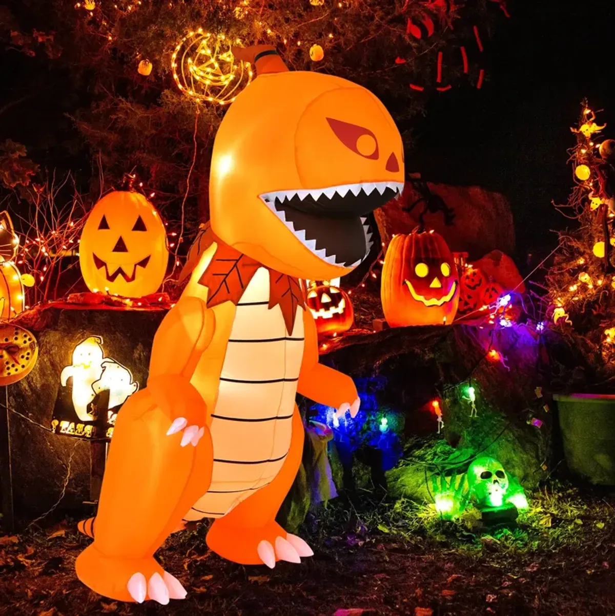 8 Feet Halloween Inflatable Pumpkin Head Dinosaur with LED Lights and 4 Stakes