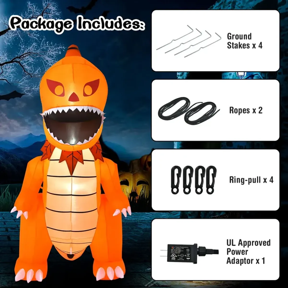 8 Feet Halloween Inflatable Pumpkin Head Dinosaur with LED Lights and 4 Stakes