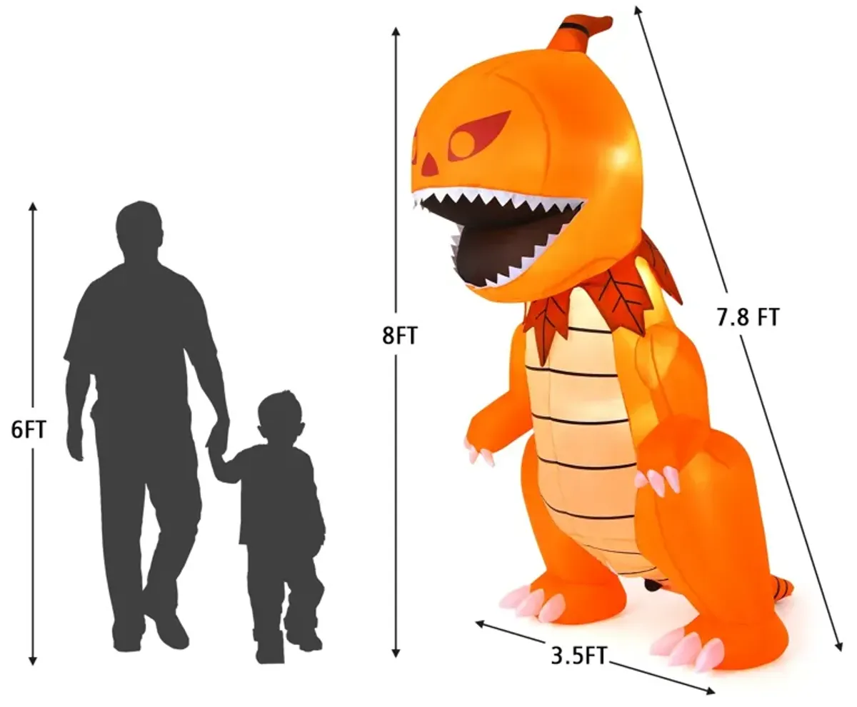 8 Feet Halloween Inflatable Pumpkin Head Dinosaur with LED Lights and 4 Stakes