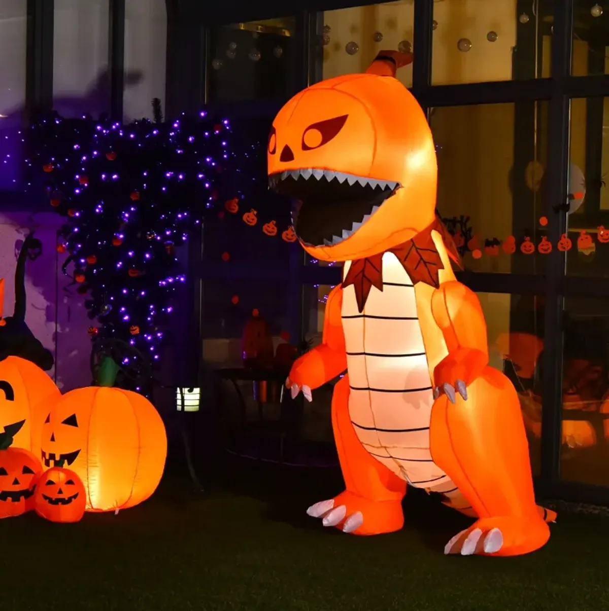 8 Feet Halloween Inflatable Pumpkin Head Dinosaur with LED Lights and 4 Stakes