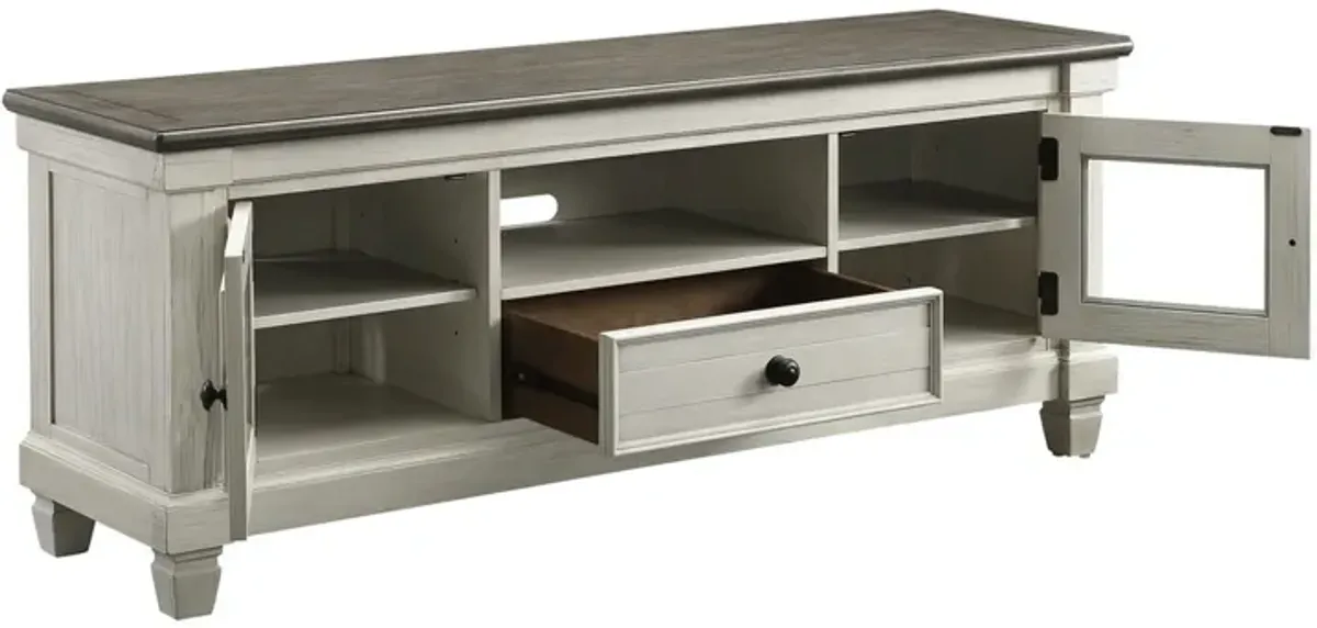 Rome 64 Inch TV Media Entertainment Console, White, Brown, Solid Wood - Benzara