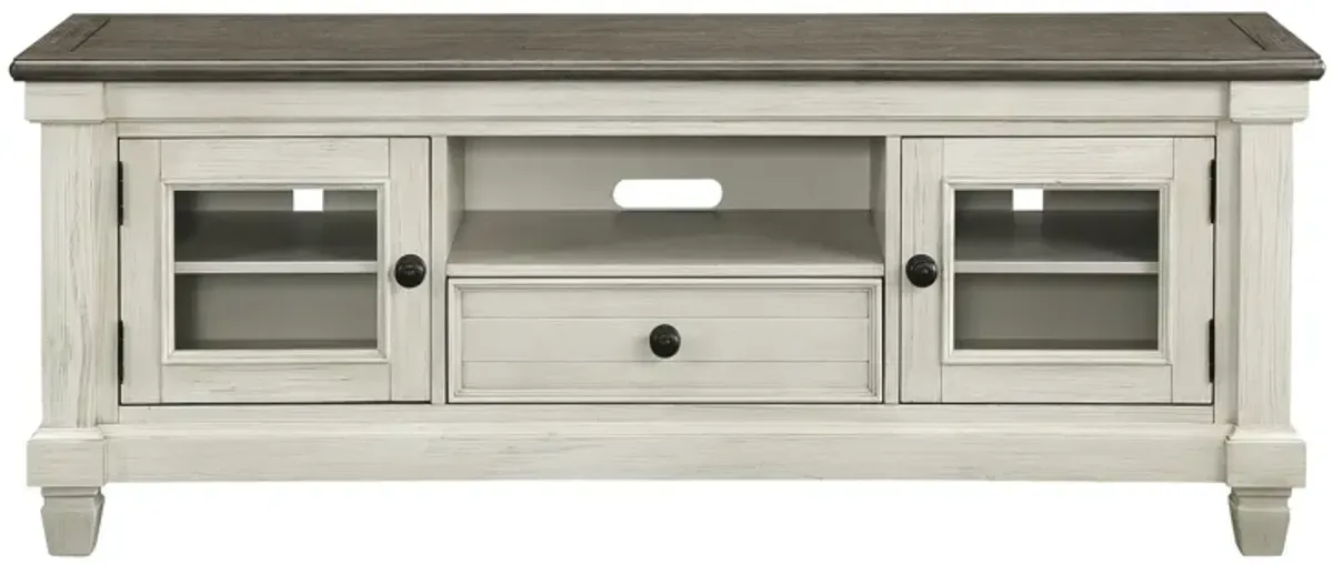 Rome 64 Inch TV Media Entertainment Console, White, Brown, Solid Wood - Benzara
