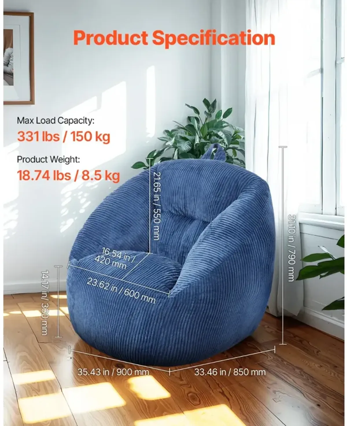 Bean Bag Chair with Armrests and Pocket Comfortable Seat for Adults or Kids