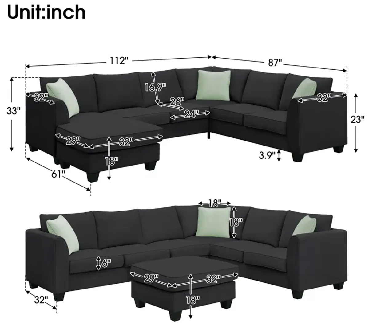 7-Seat L-Shape Modular Sectional Sofa Set with Ottoman