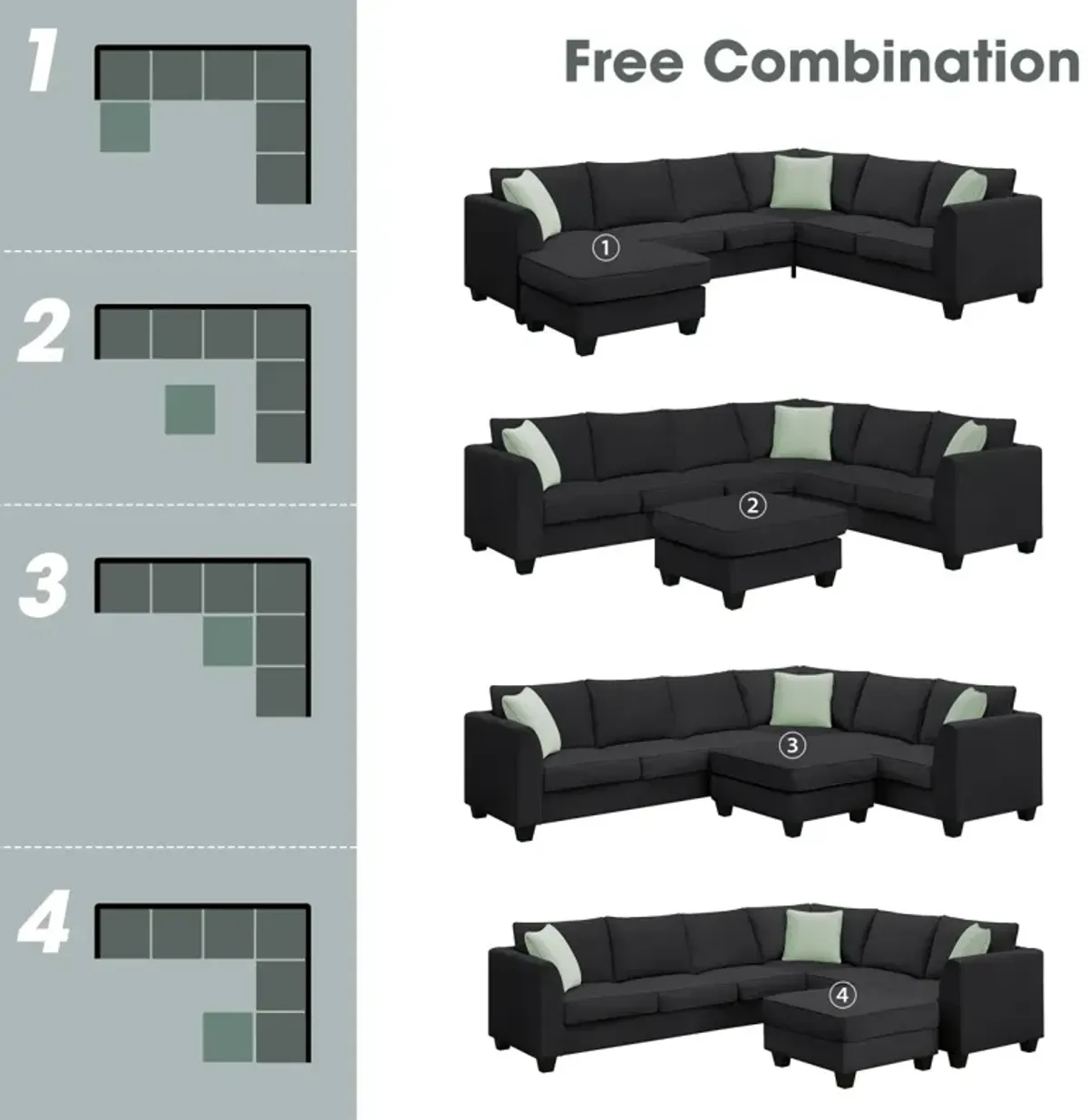 7-Seat L-Shape Modular Sectional Sofa Set with Ottoman