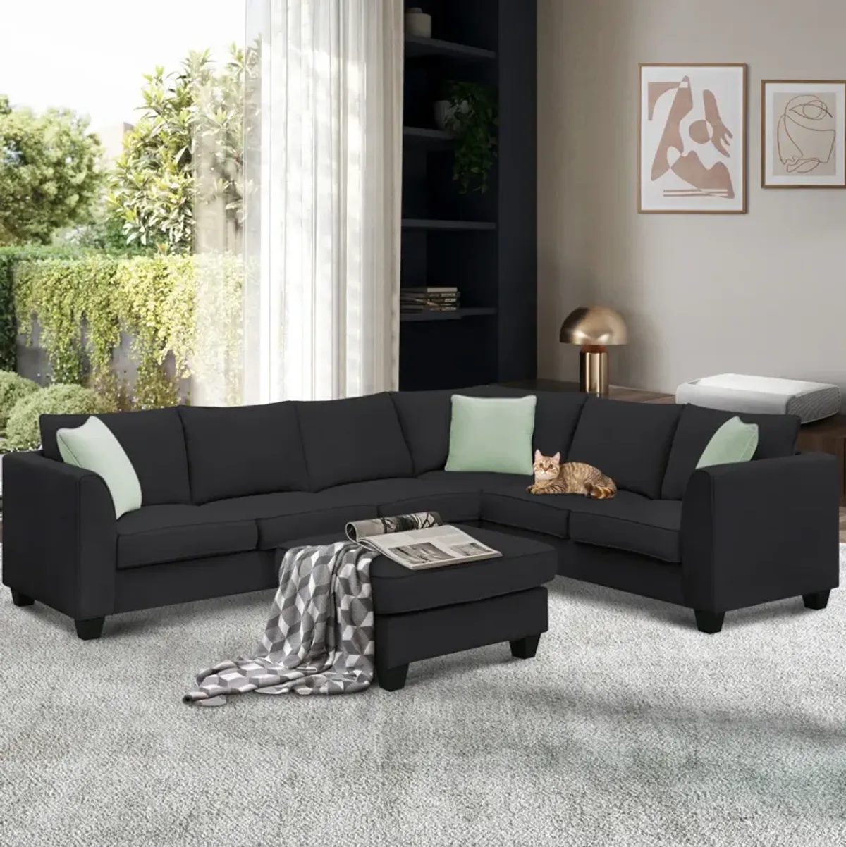 7-Seat L-Shape Modular Sectional Sofa Set with Ottoman