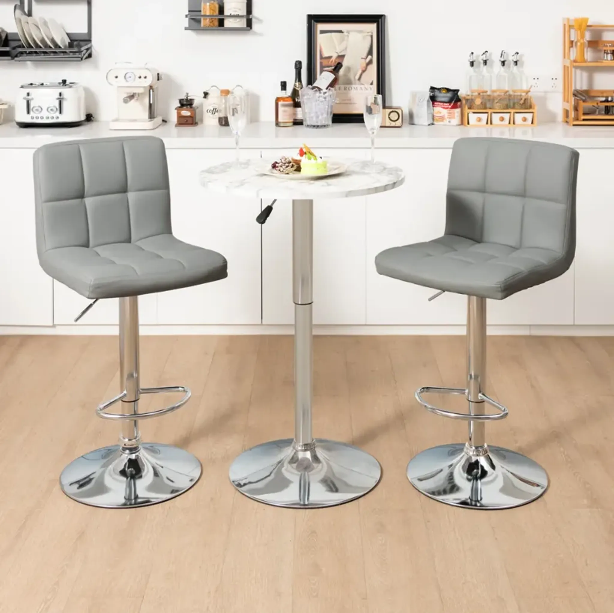 Set Of 2 Square Swivel Adjustable Pu Leather Bar Stools With Back And ...