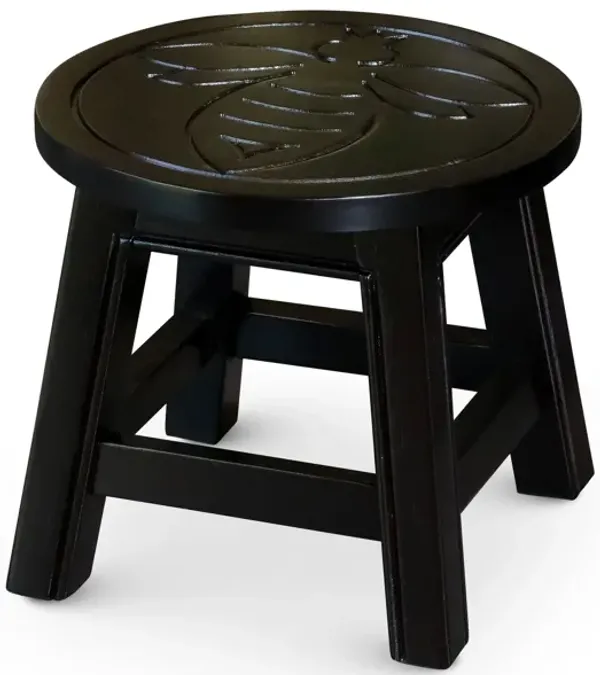 Sidi 11 Inch Step Stool Footrest, Wood Queen Bee Print, Round, Dark Brown - Benzara