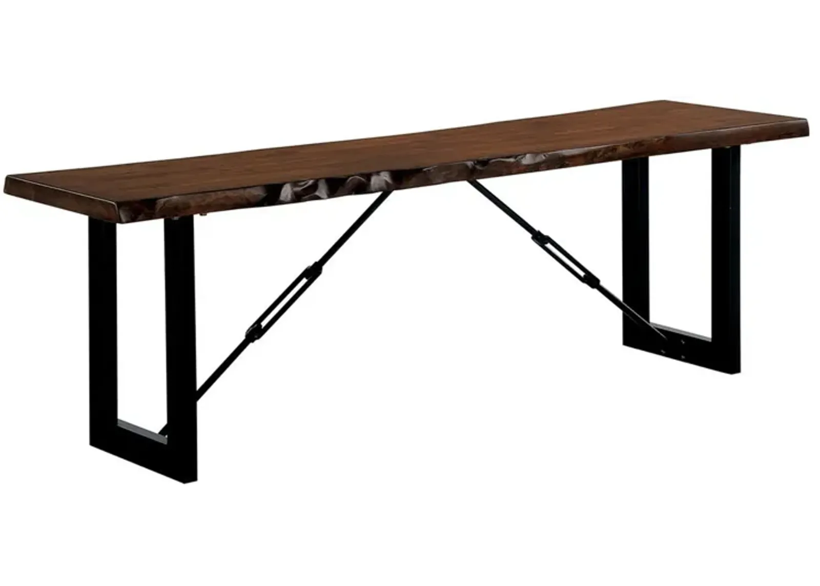 Rectangular Metal Frame Bench with Wooden Seat, Black and Brown-Benzara