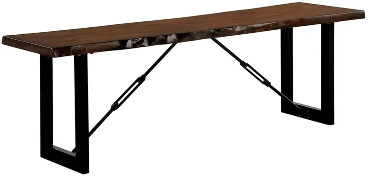 Rectangular Metal Frame Bench with Wooden Seat, Black and Brown-Benzara