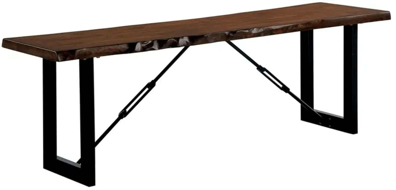 Rectangular Metal Frame Bench with Wooden Seat, Black and Brown-Benzara