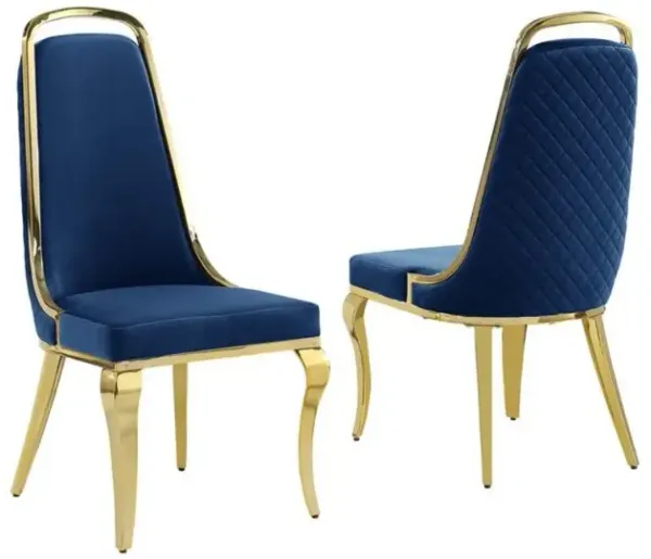 Best Quality Furniture Navy Blue Velvet High Back Chair With Gold Chrome Trim, Set Of 2