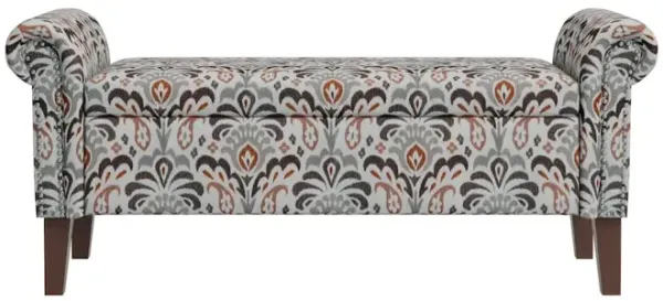 HL Home Furnishings Rolled Arm Storage Ottoman in Amber and Gray Damask