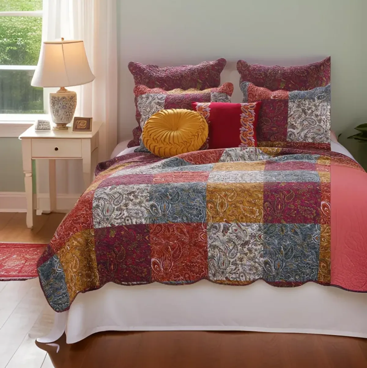 3 Piece Full Size Quilt Set, Soft Cotton, Paisley Print, Multicolor - Benzara