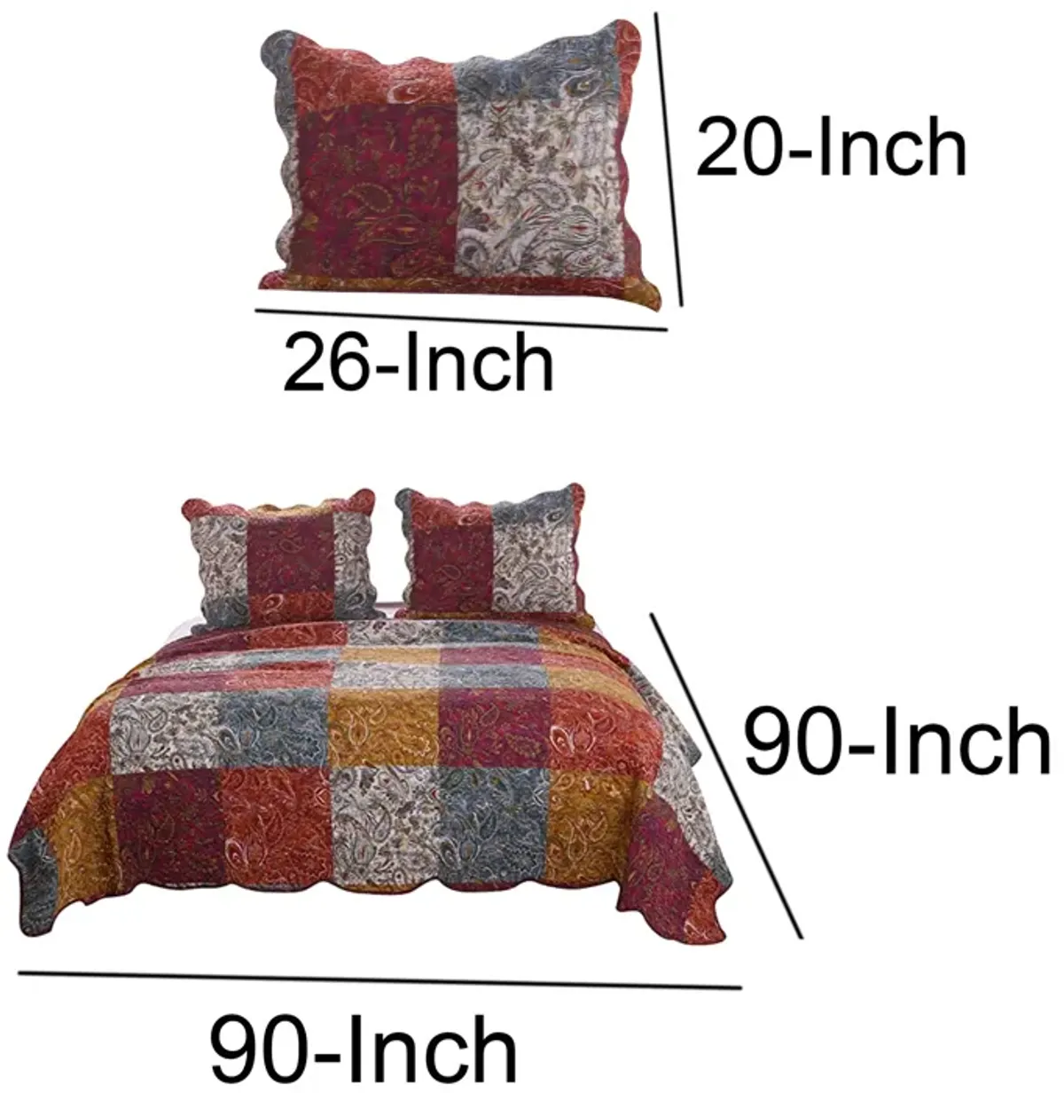 3 Piece Full Size Quilt Set, Soft Cotton, Paisley Print, Multicolor - Benzara