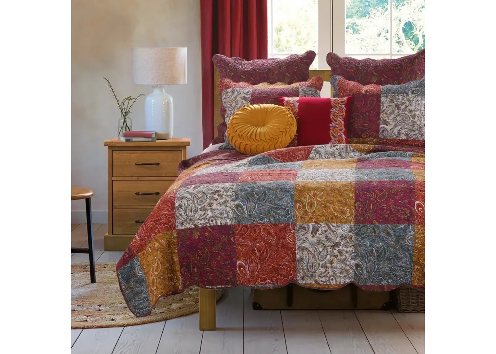 3 Piece Full Size Quilt Set, Soft Cotton, Paisley Print, Multicolor - Benzara