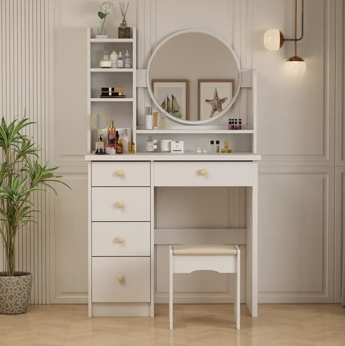 5-Drawers White Makeup Vanity Table Set with Stool Dressing Desk Vanity Wood with Round Mirror Storage Shelves