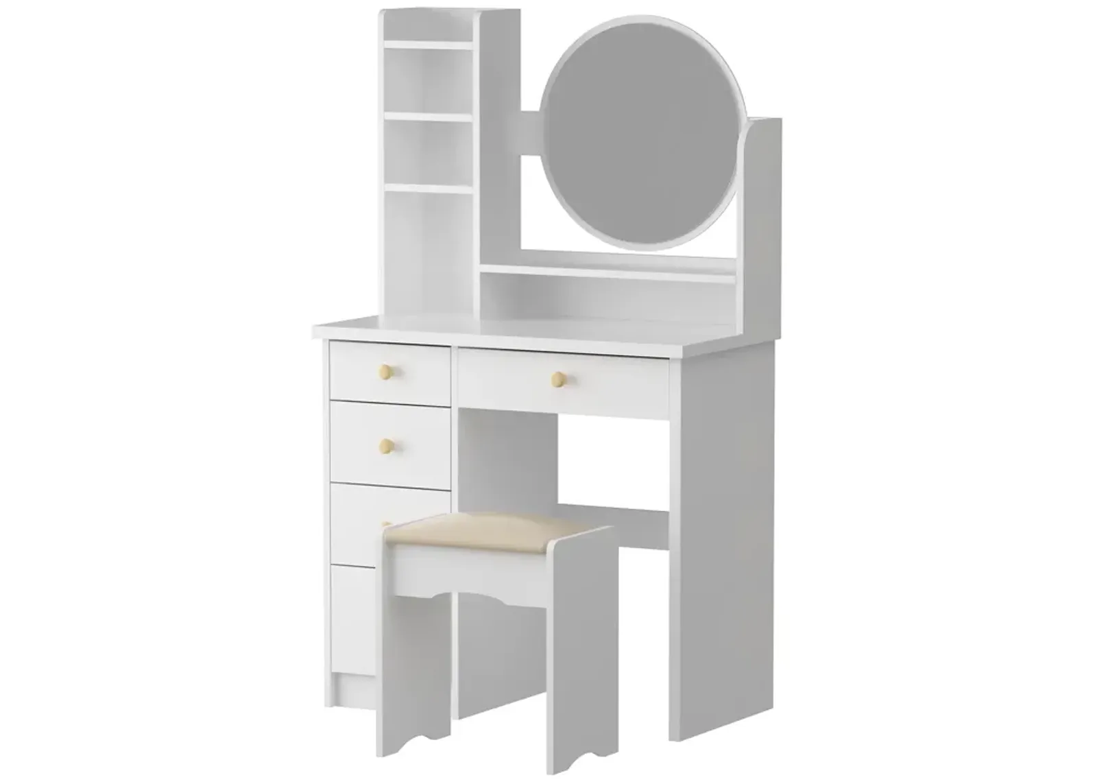 5-Drawers White Makeup Vanity Table Set with Stool Dressing Desk Vanity Wood with Round Mirror Storage Shelves