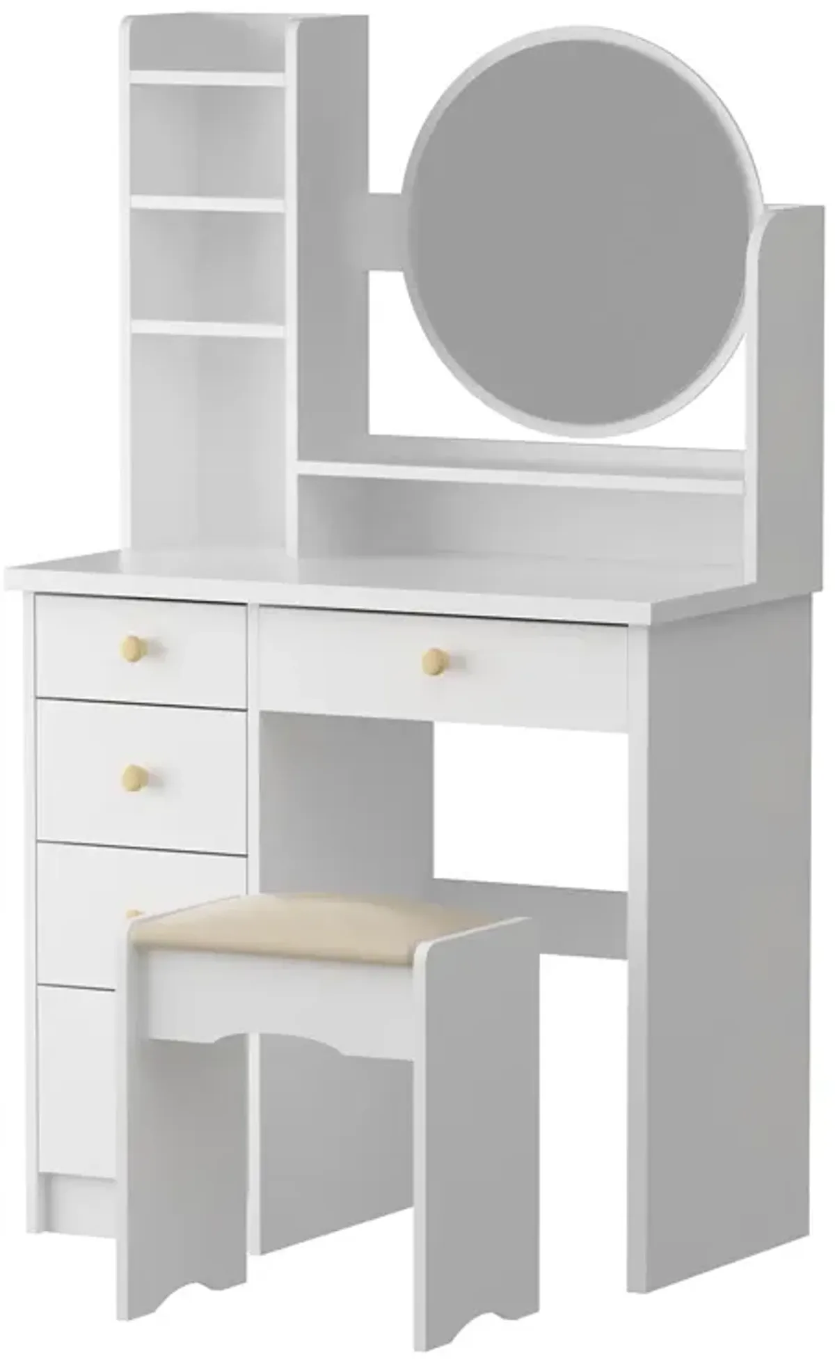 5-Drawers White Makeup Vanity Table Set with Stool Dressing Desk Vanity Wood with Round Mirror Storage Shelves