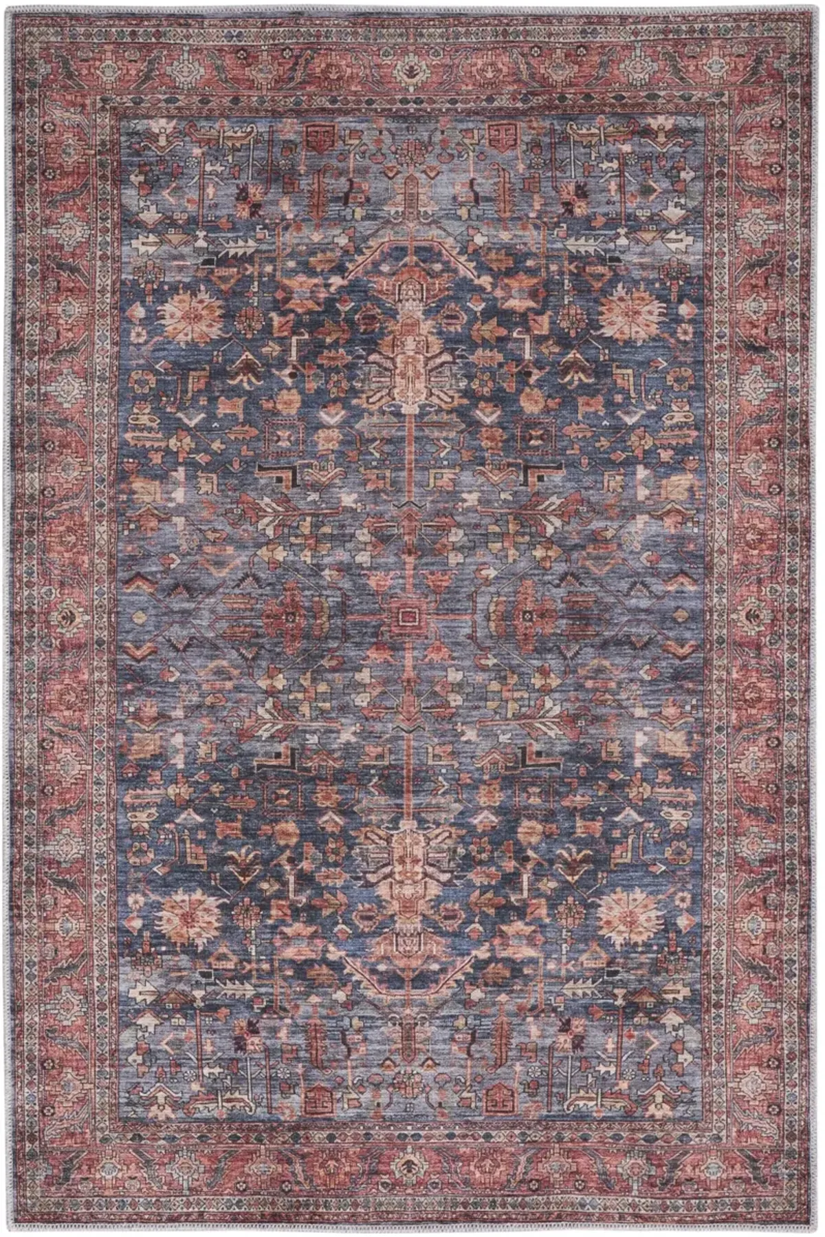 4 x 6 Blue and Red Oriental Power Loom Distressed Washable Non Skid Area Rug