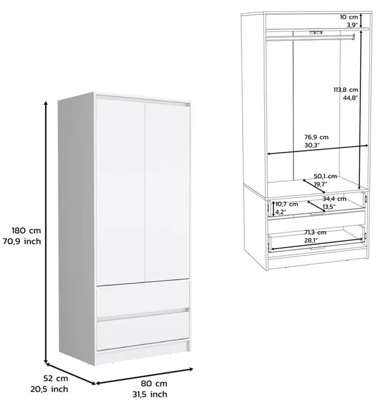 Lewes 2 Piece Bedroom Set, Dresser + Armoire, White