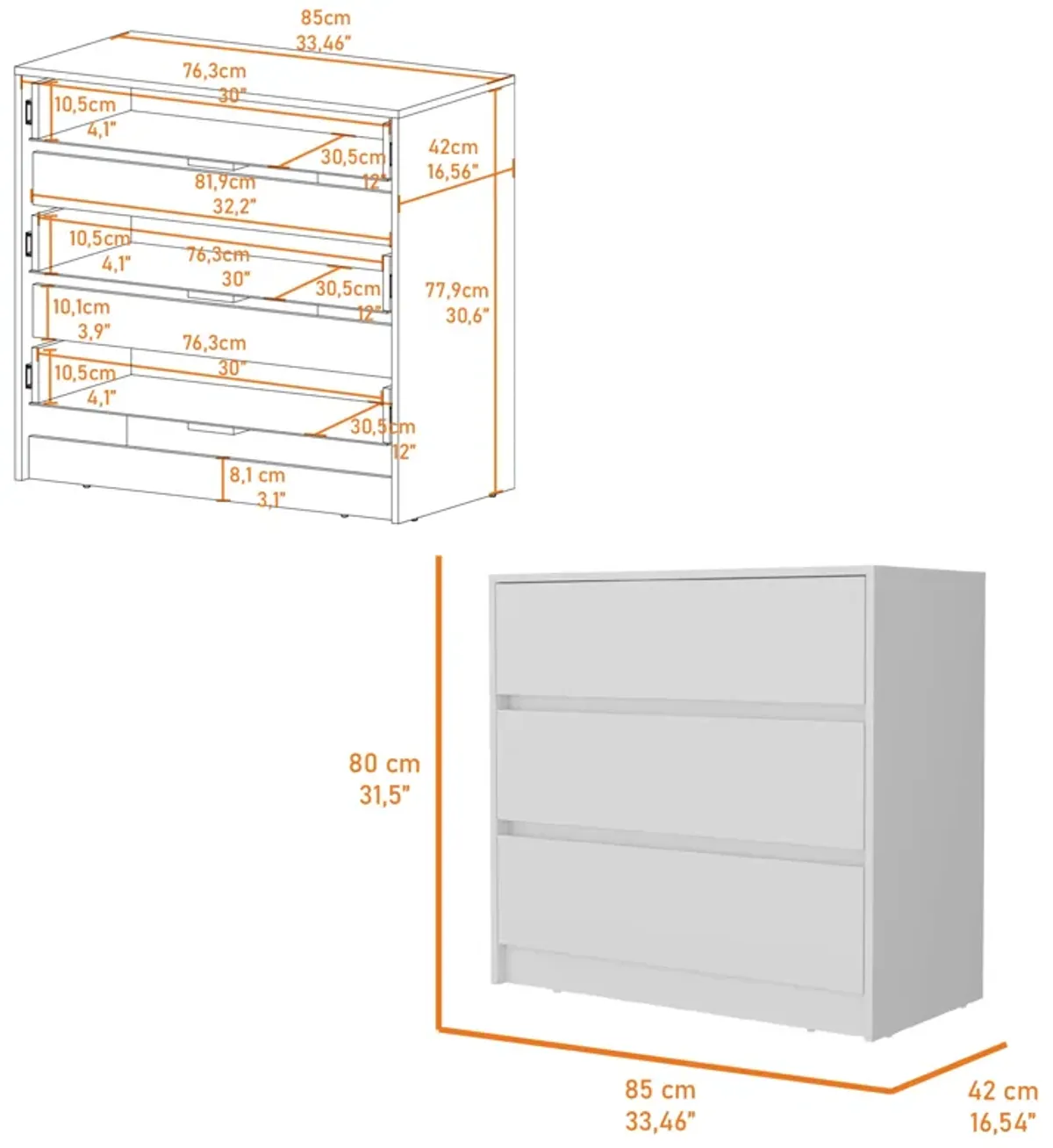 Lewes 2 Piece Bedroom Set, Dresser + Armoire, White