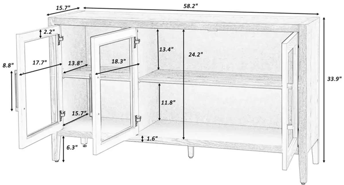 Wood Storage Cabinet With Three tempered glass doors and Adjustable Shelf, Black